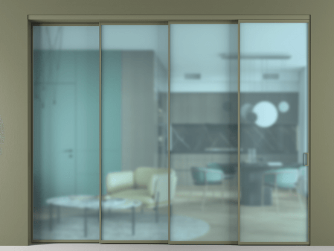 Перегородка Формато внутри проёма 4 створки с синхронным механизмом АЛПР 040.01 Алюминий оливковый тёмный Сатинированное голубое стекло, триплекс Цена 23900 Br | Volhovec