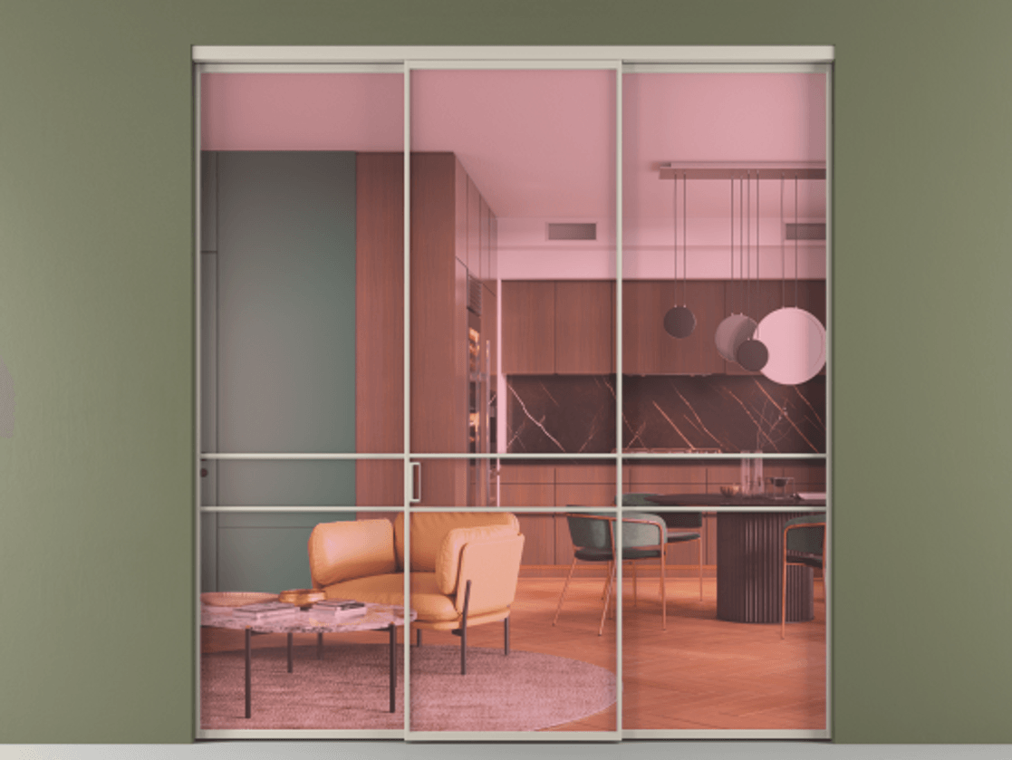 Перегородка Formato внутри проёма 3 створки АЛПР 040.02 Алюминий светло-бежевый Прозрачное розовое стекло, триплекс Цена 13300 Br | Volhovec