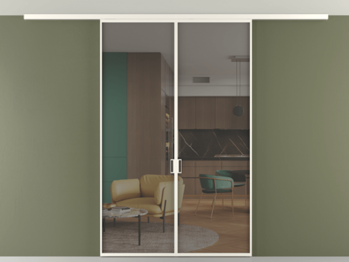 Перегородка Формато вдоль стены на потолок 2 створки АЛПР 040.01 Алюминий пудровый белый Прозрачное серое стекло, триплекс Цена 9500 Br | Volhovec