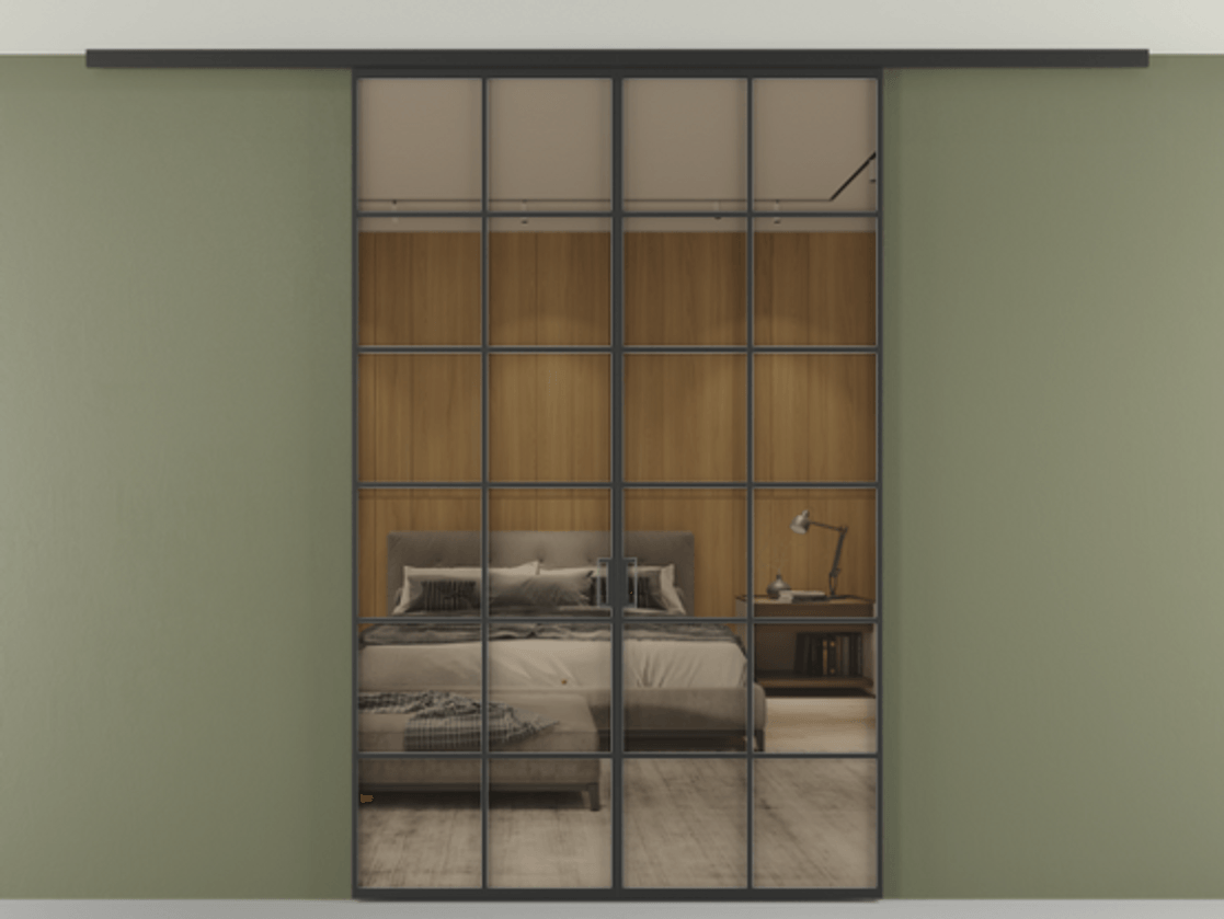 Перегородка Формато вдоль стены на потолок 2 створки АЛПР 040.05 Алюминий Черный Рефлективное бронзовое стекло "Стопсол", калёное Цена 13430 Br | Volhovec