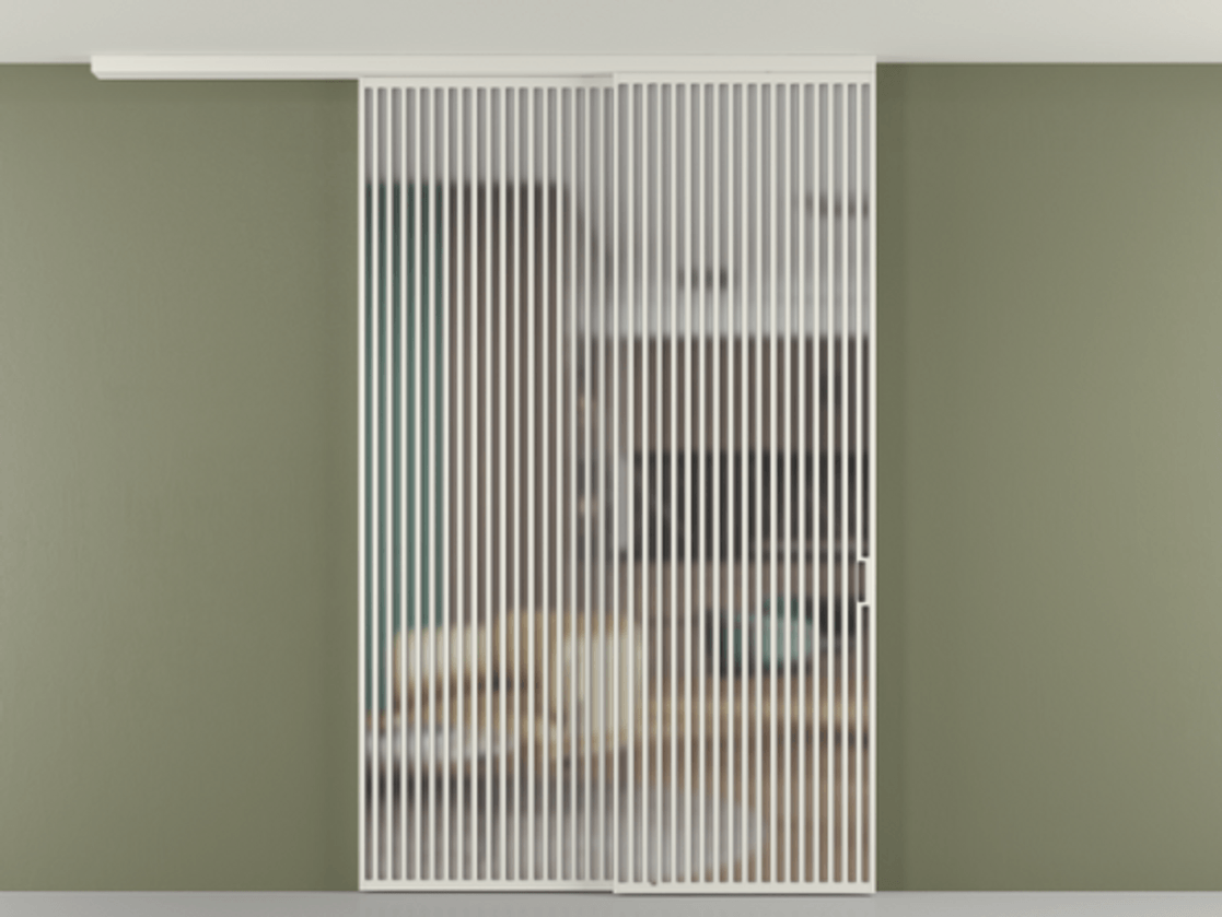 Перегородка Формато вдоль стены на потолок 2 створки с синхронным механизмом АЛПР 040.06 Алюминий Белый Сатинированное стекло "Мателюкс Кристал Вижн", калёное, матовое, каленое 6 мм Цена 27660 Br | Volhovec