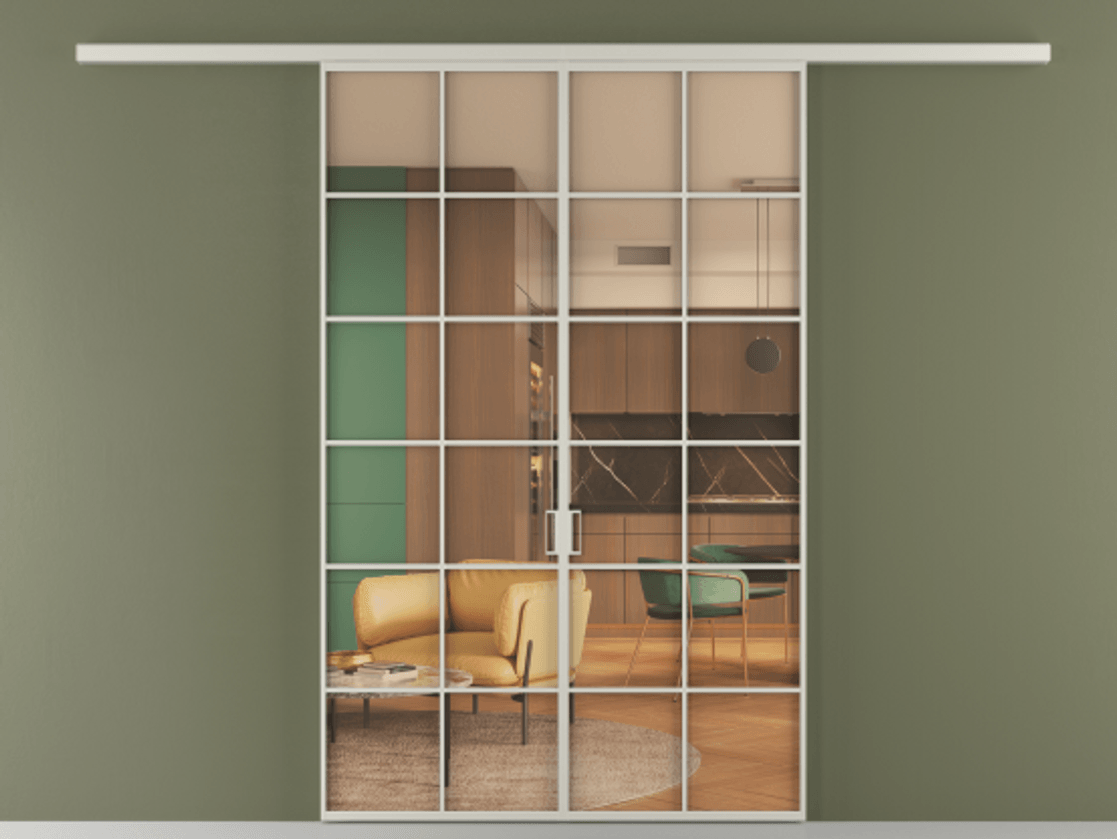 Перегородка Формато вдоль стены 2 створки АЛПР 040.05 Алюминий тёплый серый Прозрачное оранжевое стекло, триплекс Цена 11100 Br | Volhovec