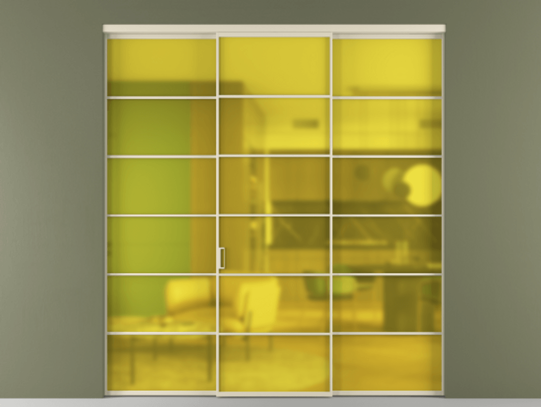 Перегородка Формато внутри проёма 3 створки АЛПР 040.04 Алюминий бежево-серый Сатинированное жёлтое стекло, триплекс Цена 14300 Br | Volhovec