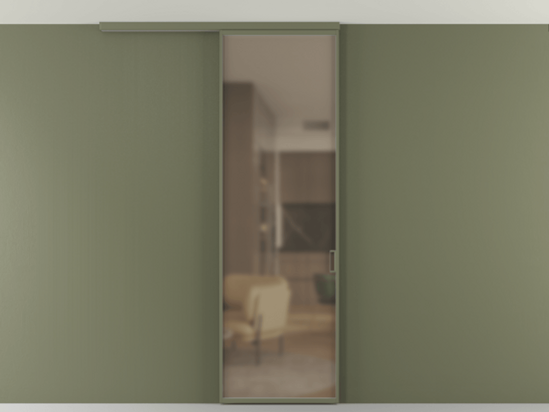 Перегородка Formato вдоль стены на потолок 1 створка АЛПР 040.01 Алюминий оливковый тёмный Сатинированное бронзовое стекло, триплекс Цена 5150 Br | Volhovec