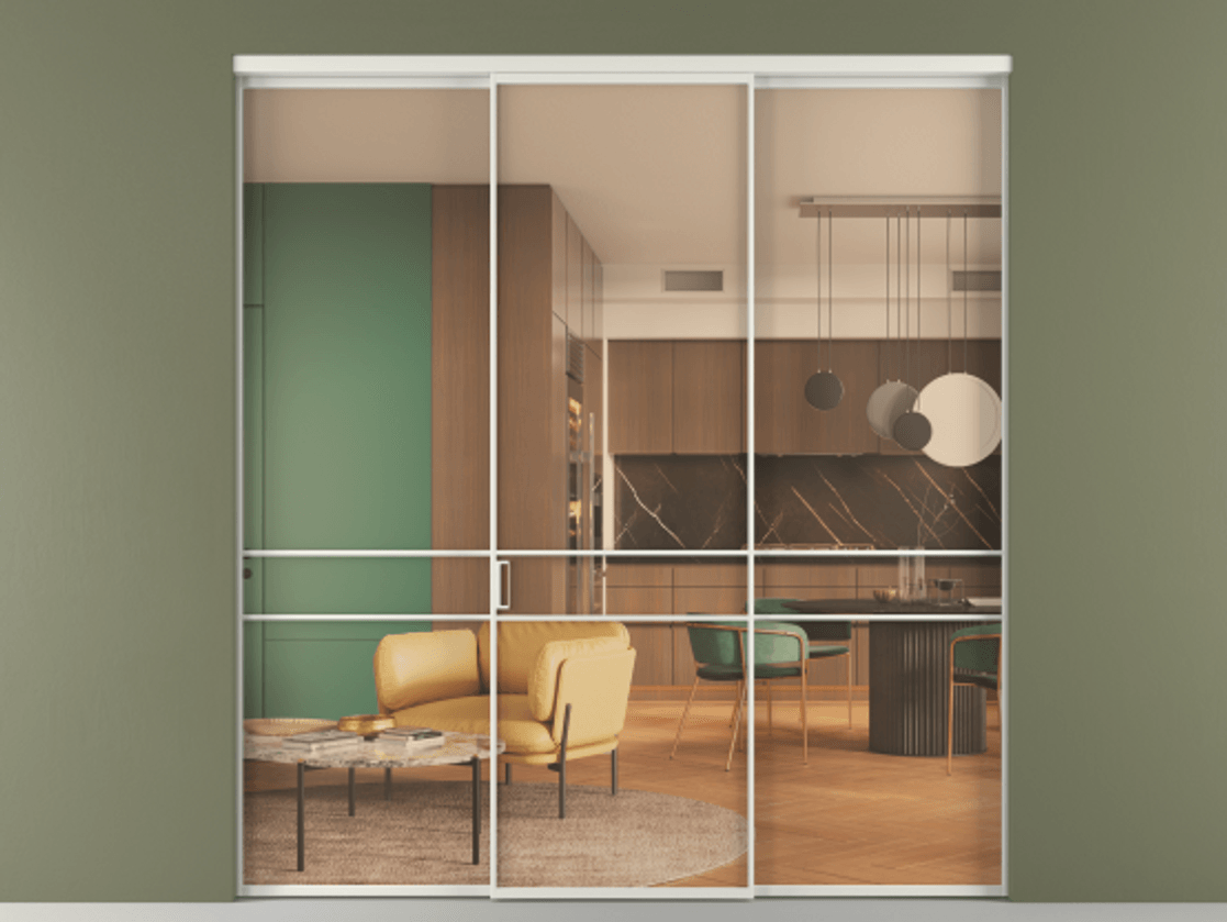 Перегородка Formato внутри проёма 3 створки АЛПР 040.02 Алюминий серый Прозрачное оранжевое стекло, триплекс Цена 12700 Br | Volhovec