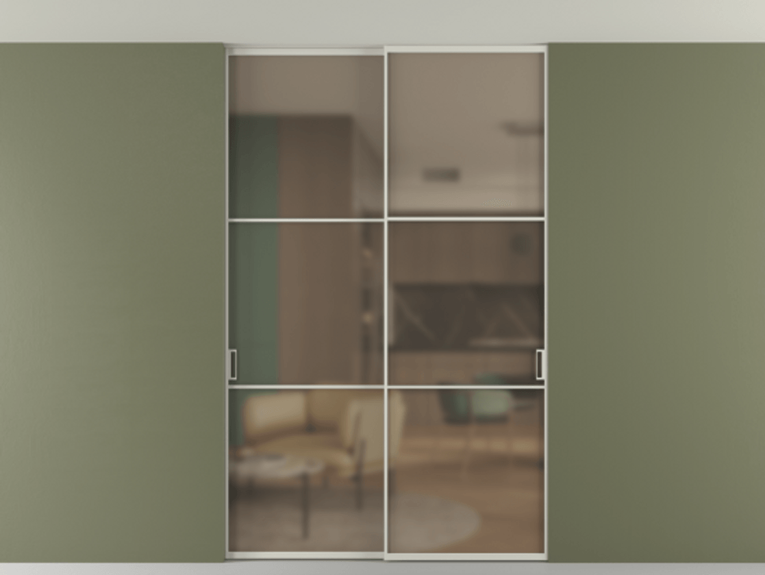 Перегородка Formato внутри проёма скрытое крепление в потолок 2 створки АЛПР 040.03 Алюминий тёплый серый Сатинированное бронзовое стекло, триплекс Цена 13710 Br | Volhovec