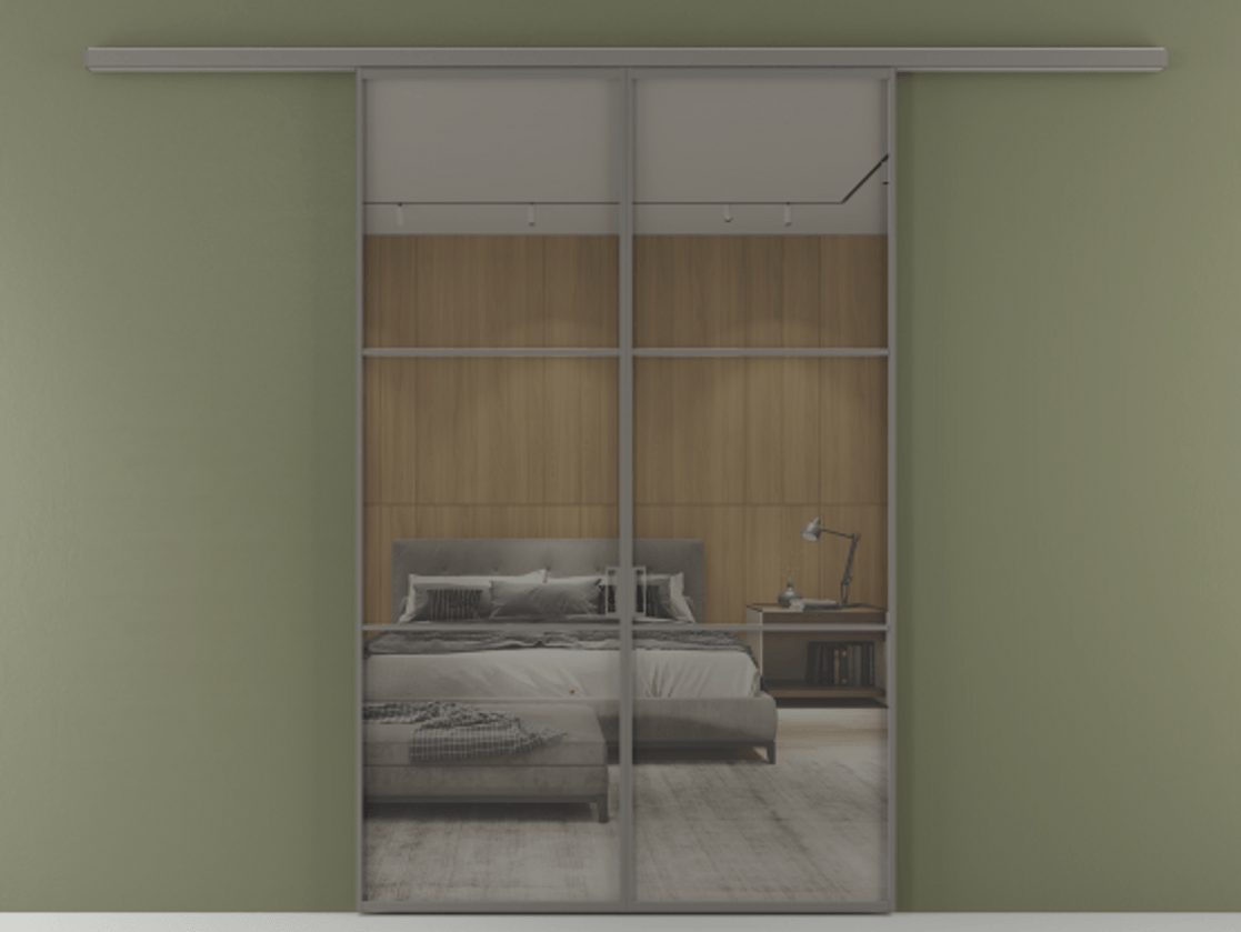 Перегородка Формато вдоль стены 2 створки АЛПР 040.03 Алюминий классический серый Рефлективное серое стекло "Стопсол", калёное Цена 13310 Br | Volhovec