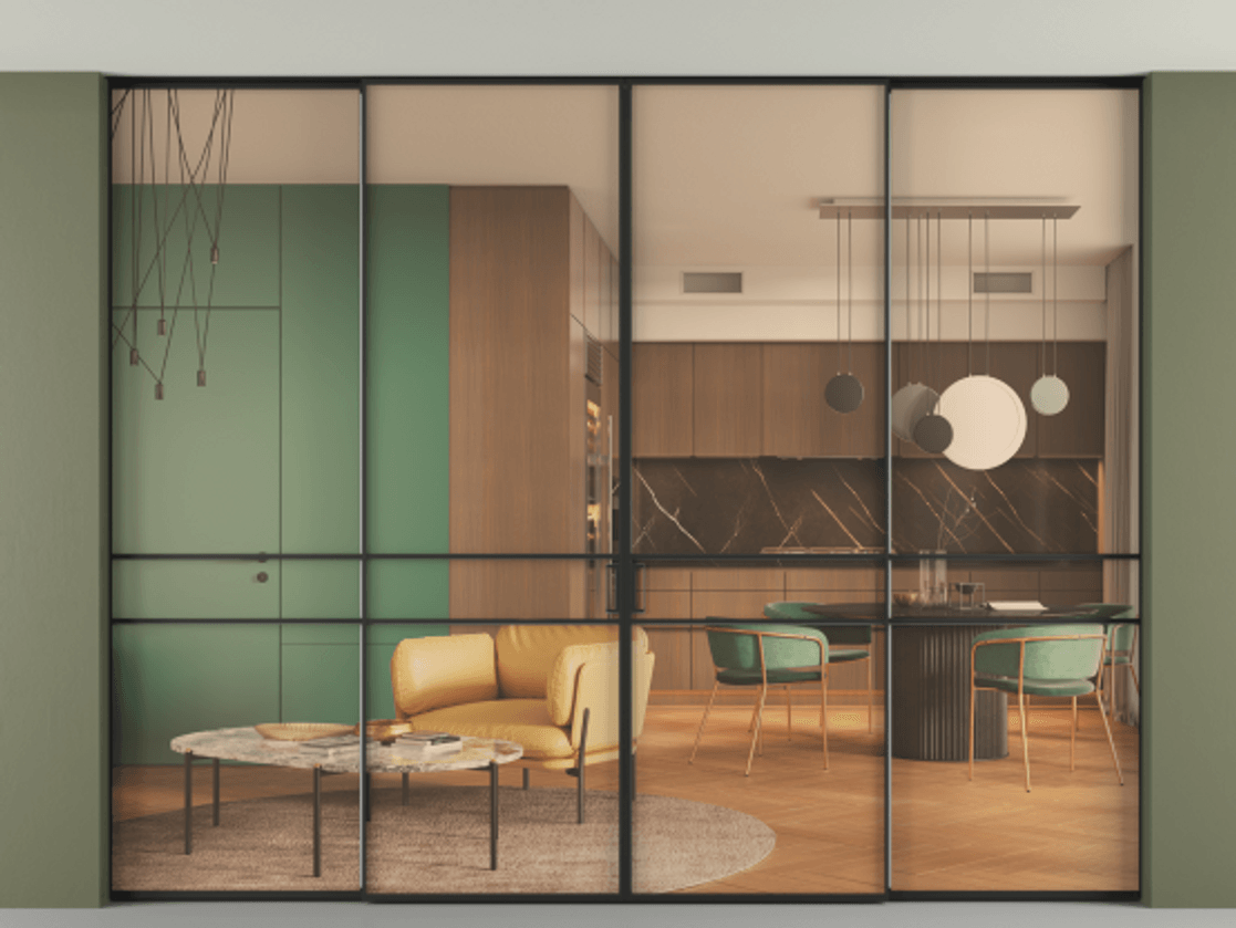 Перегородка Formato внутри проёма скрытое крепление в потолок 4 створки АЛПР 040.02 Алюминий Черный Прозрачное оранжевое стекло, триплекс Цена 23800 Br | Volhovec