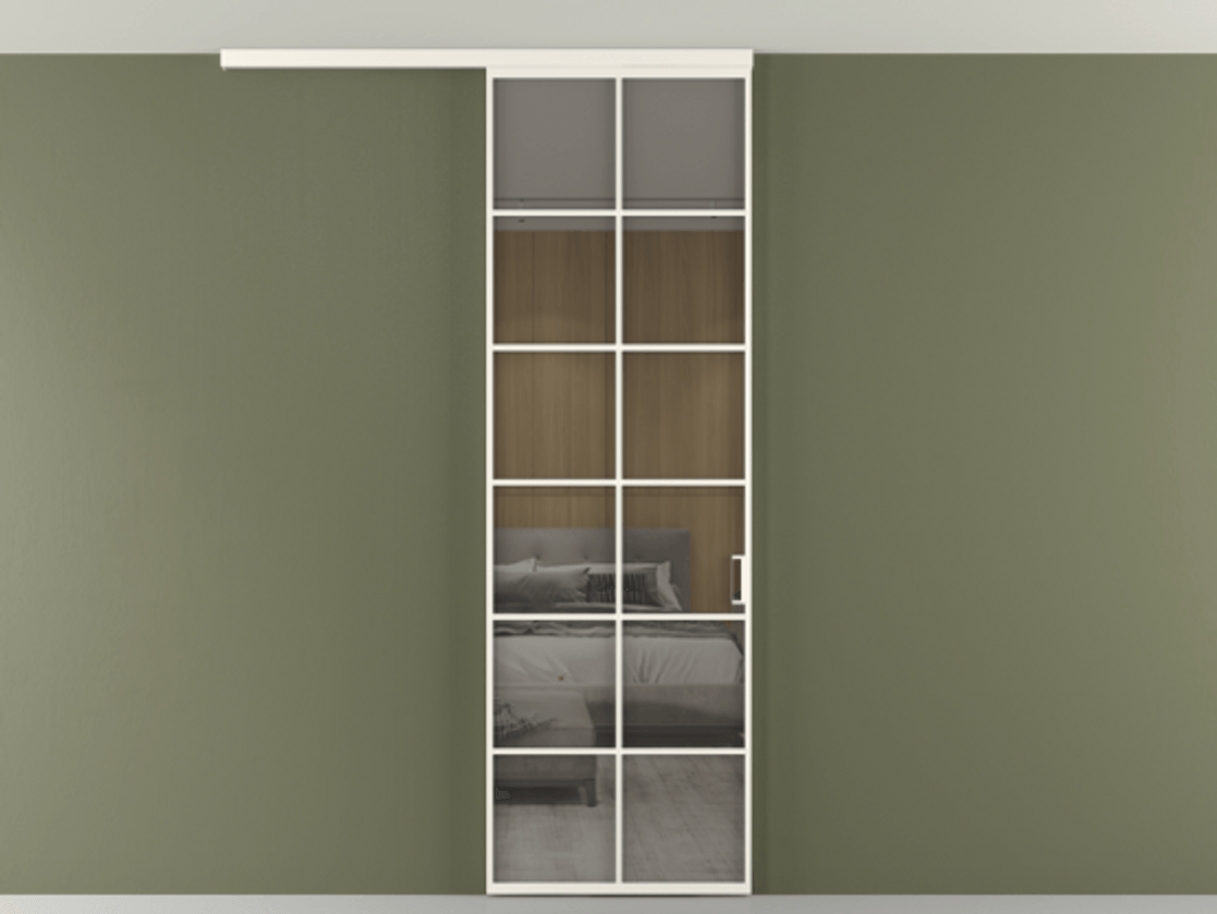 Перегородка Formato вдоль стены на потолок 1 створка АЛПР 040.05 Алюминий пудровый белый Рефлективное серое стекло "Stopsol", калёное Цена 7170 Br | Volhovec