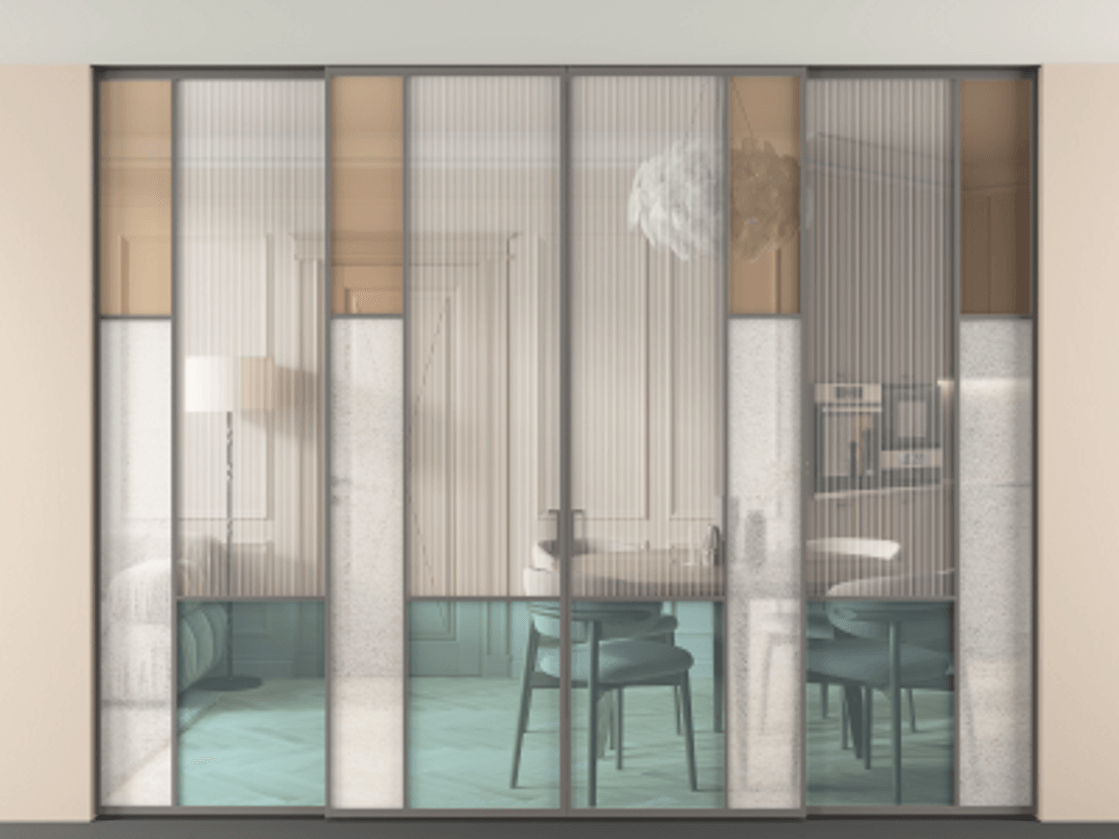 Перегородка Мозаик внутри проёма скрытое крепление в потолок 4 створки АЛПР 041.12 Алюминий классический серый Комбинация стекол Группы 1 и Группы 3 Цена 33000 Br | Volhovec