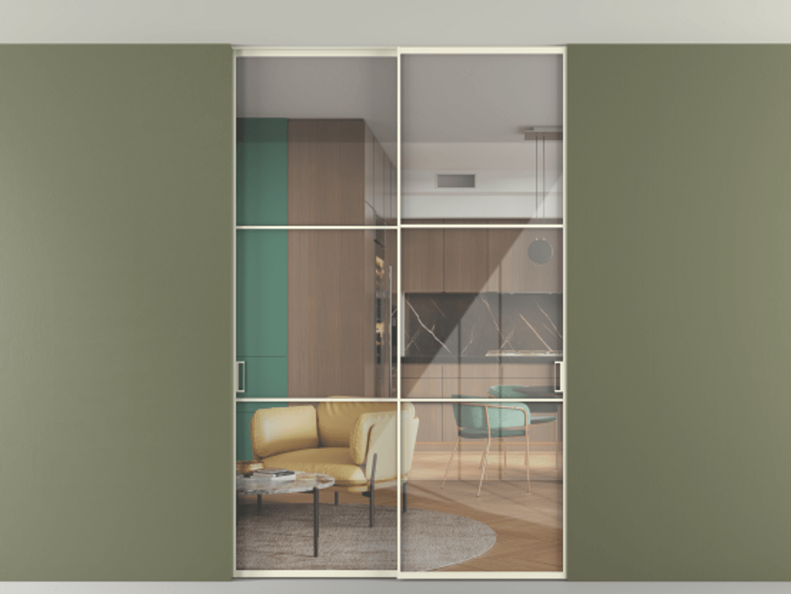 Перегородка Formato внутри проёма скрытое крепление в потолок 2 створки АЛПР 040.03 Алюминий молочно-белый Рефлективное прозрачное стекло "Stopsol", калёное. Цена 16340 Br 1. Полотно 2 шт. (800/2100 мм)
2. Комплект установки раздвижной системы
3. Базовый комплект фурнитуры
4. Ручка RONDO. Фабрика дверей Волховец 8 (800) 551 43 19 Перегородка Formato внутри проёма скрытое крепление в потолок 2 створки АЛПР 040.03 Алюминий молочно-белый Рефлективное прозрачное стекло "Stopsol", калёное Цена 16340 Br | Volhovec