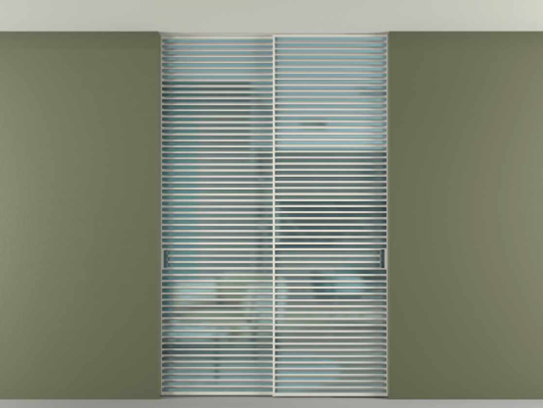 Перегородка Формато внутри проёма скрытое крепление в потолок 2 створки АЛПР 040.07 Алюминий Белый Сатинированное голубое стекло, триплекс Цена 21200 Br | Volhovec