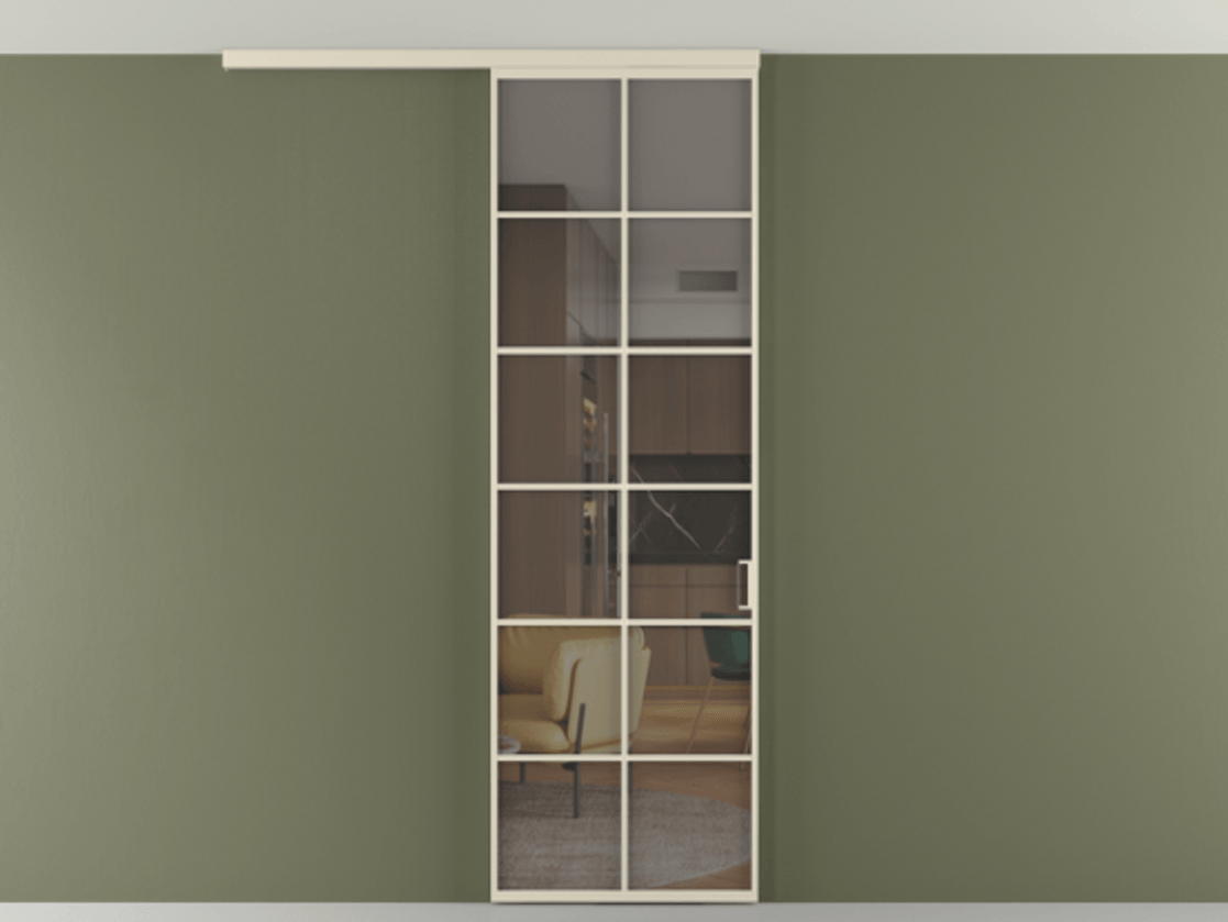 Перегородка Формато вдоль стены на потолок 1 створка АЛПР 040.05 Алюминий бежево-серый Прозрачное серое стекло, триплекс Цена 5770 Br | Volhovec