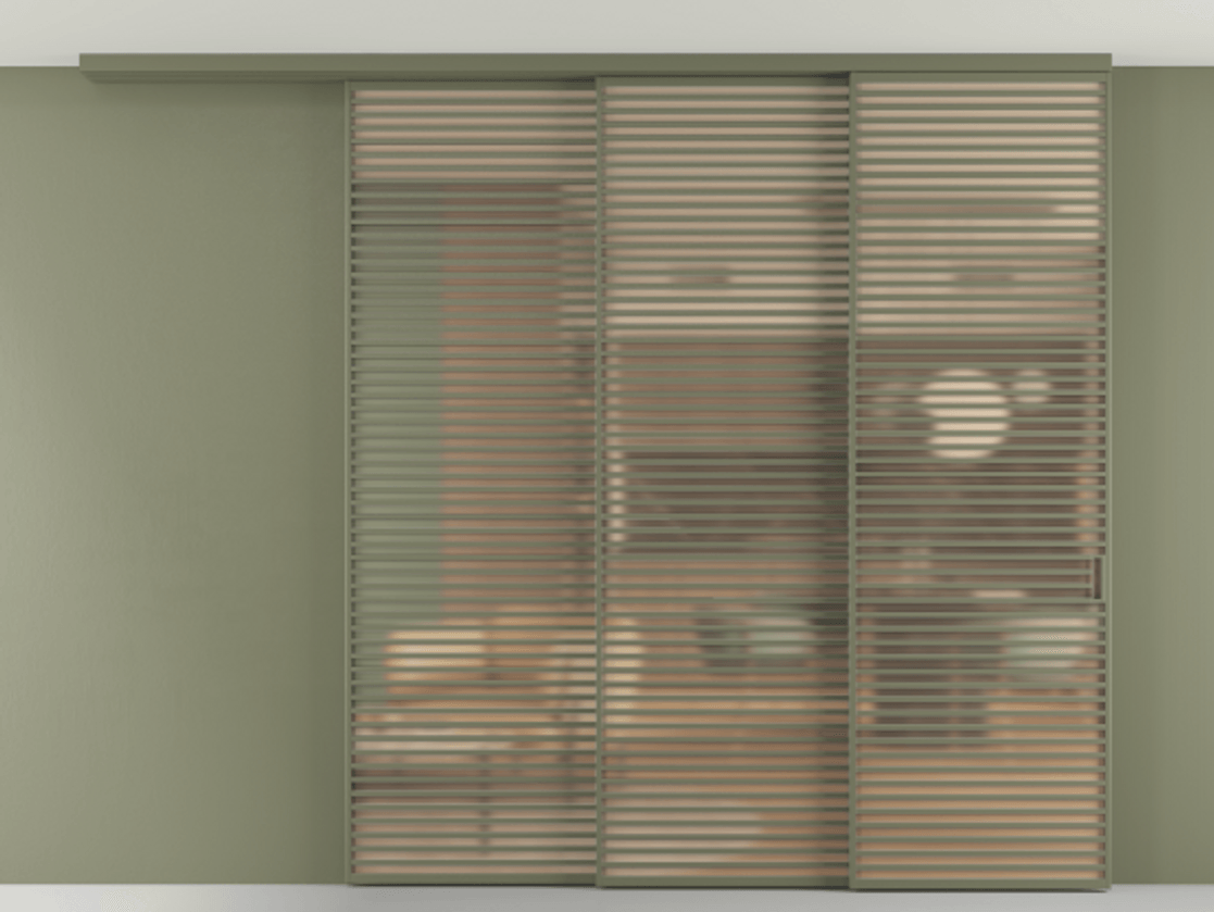 Перегородка Formato вдоль стены на потолок 3 створки с синхронным механизмом АЛПР 040.07 Алюминий оливковый тёмный Сатинированное оранжевое стекло, триплекс Цена 33500 Br | Volhovec