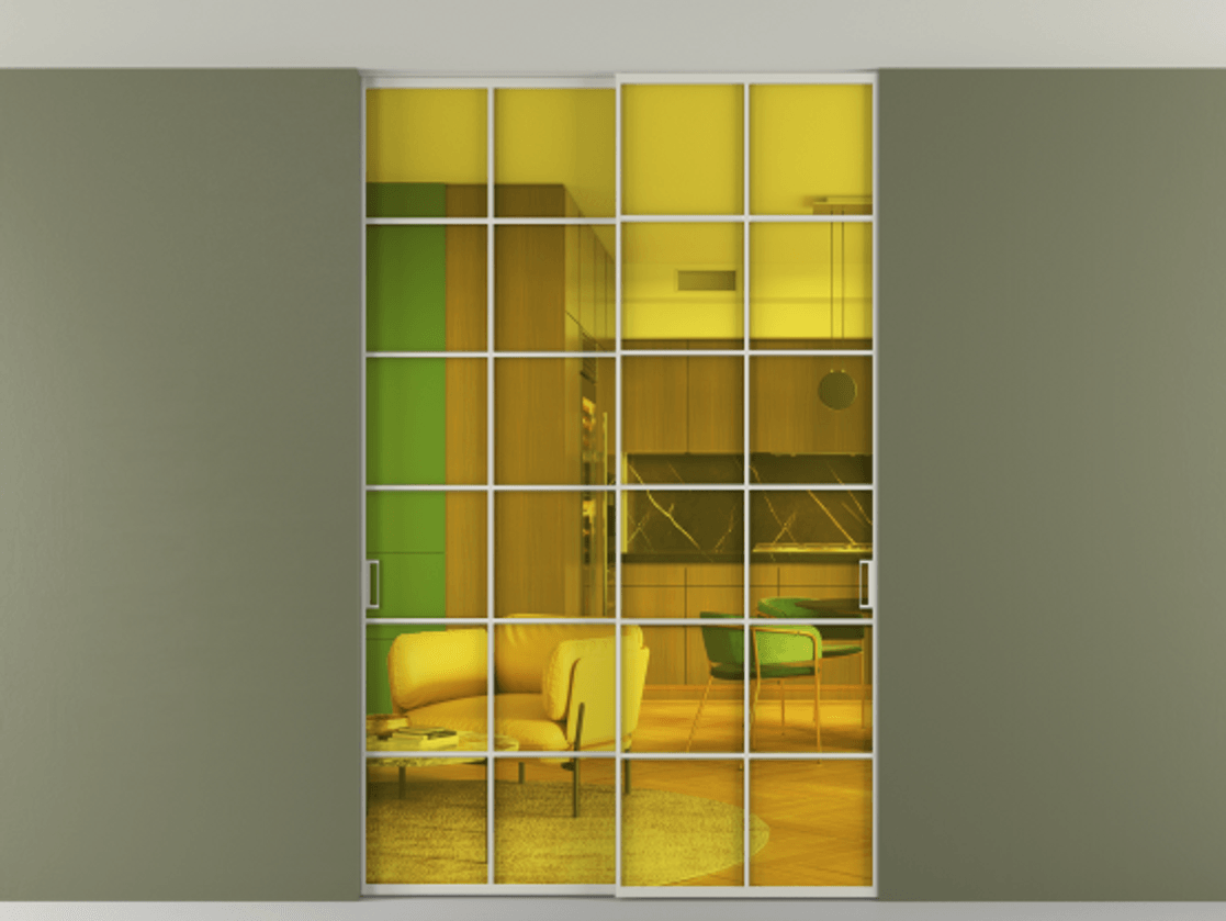 Перегородка Формато внутри проёма скрытое крепление в потолок 2 створки АЛПР 040.05 Алюминий тёплый серый Прозрачное жёлтое стекло, триплекс Цена 14000 Br | Volhovec