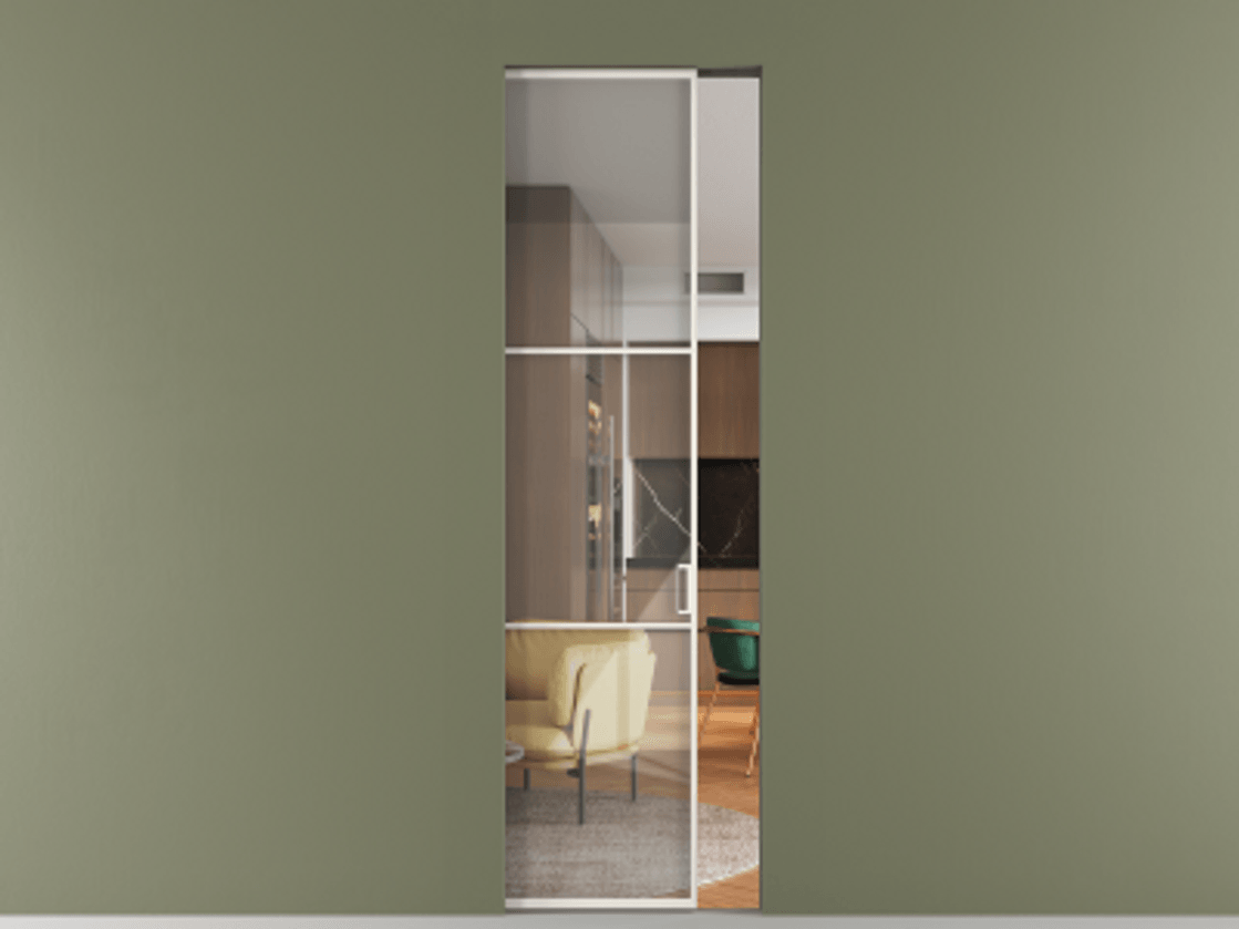 Перегородка Formato скрытый пенал 1 створка АЛПР 040.03 Алюминий пудровый белый Рефлективное прозрачное стекло "Stopsol", калёное Цена 9500 Br | Volhovec