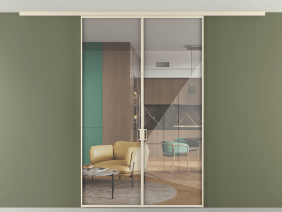 Перегородка Формато вдоль стены на потолок 2 створки АЛПР 040.01 Алюминий бежево-серый Рефлективное прозрачное стекло "Стопсол", калёное Цена 12410 Br | Volhovec