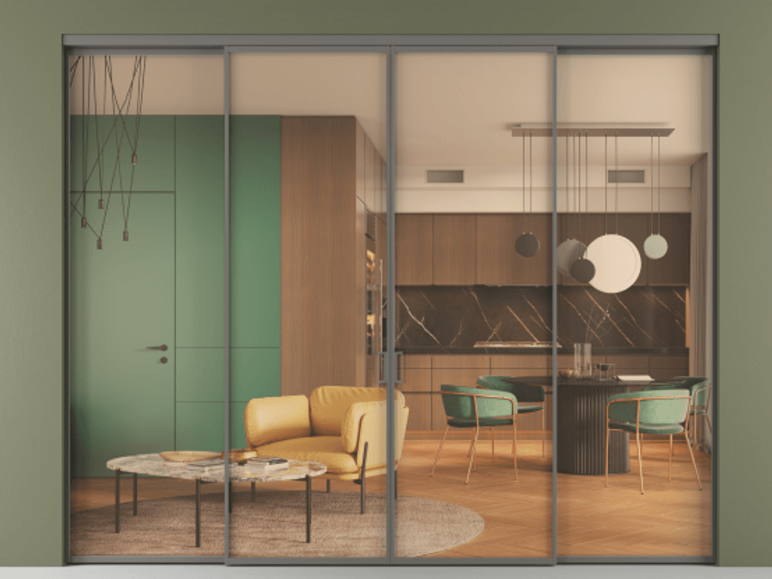 Перегородка Formato внутри проёма 4 створки АЛПР 040.01 Алюминий классический серый Прозрачное оранжевое стекло, триплекс Цена 17100.8937 Br  | Volhovec