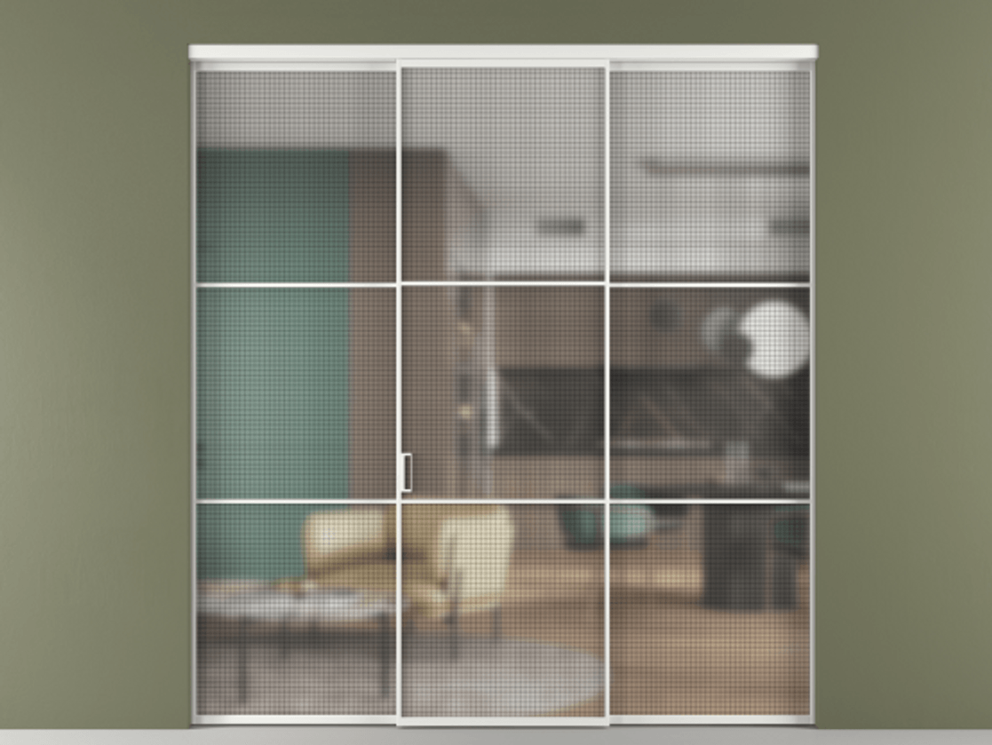 Перегородка Formato внутри проёма 3 створки АЛПР 040.03 Алюминий белоснежный Декоративное стекло с сеткой "Mesh silver", триплекс Цена 14320 Br | Volhovec