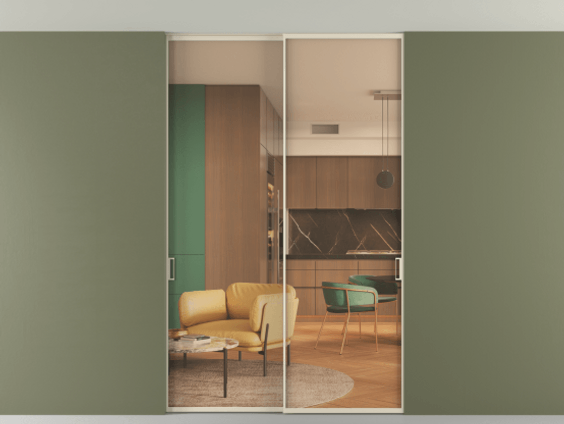 Перегородка Формато внутри проёма скрытое крепление в потолок 2 створки АЛПР 040.01 Алюминий бежево-серый Прозрачное оранжевое стекло, триплекс Цена 13200 Br | Volhovec