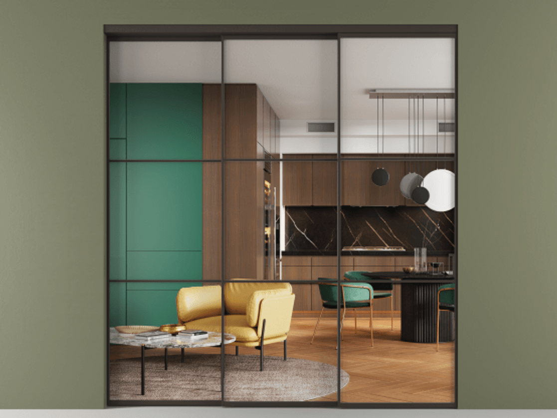 Перегородка Formato внутри проёма 3 створки с синхронным механизмом АЛПР 040.03 Алюминий антрацит Прозрачное стекло "Crystal Vision", калёное Цена 22110 Br  | Volhovec