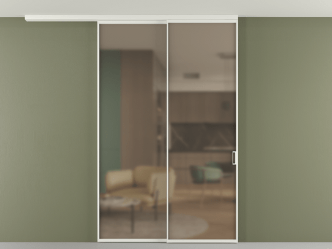 Перегородка Формато вдоль стены на потолок 2 створки с синхронным механизмом АЛПР 040.01 Алюминий светло-серый Сатинированное бронзовое стекло, триплекс Цена 15990 Br | Volhovec