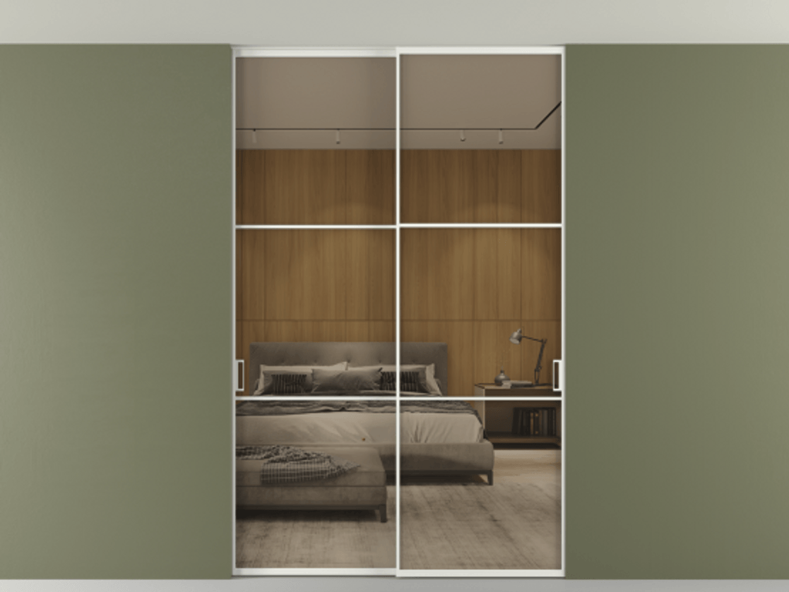 Перегородка Formato внутри проёма скрытое крепление в потолок 2 створки АЛПР 040.03 Алюминий светло-серый Рефлективное бронзовое стекло "Stopsol", калёное Цена 16340 Br | Volhovec