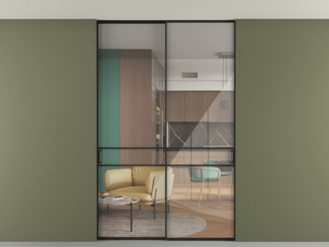 Перегородка Формато внутри проёма скрытое крепление в потолок 2 створки АЛПР 040.02 Алюминий Черный Рефлективное прозрачное стекло "Стопсол", калёное Цена 15910 Br | Volhovec