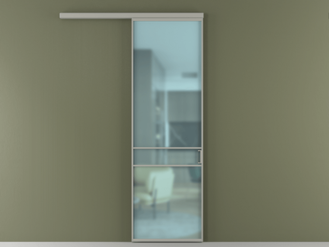 Перегородка Формато вдоль стены 1 створка АЛПР 040.02 Алюминий нейтральный серый Сатинированное голубое стекло, триплекс Цена 5700 Br  | Volhovec