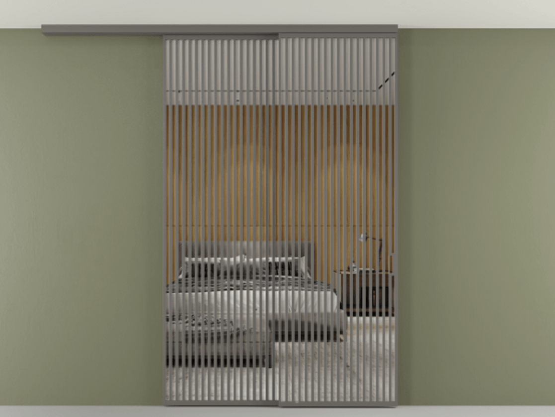 Перегородка Formato вдоль стены на потолок 2 створки с синхронным механизмом АЛПР 040.06 Алюминий классический серый Двустороннее зеркало, триплекс , триплекс 6 мм Цена 23070 Br | Volhovec