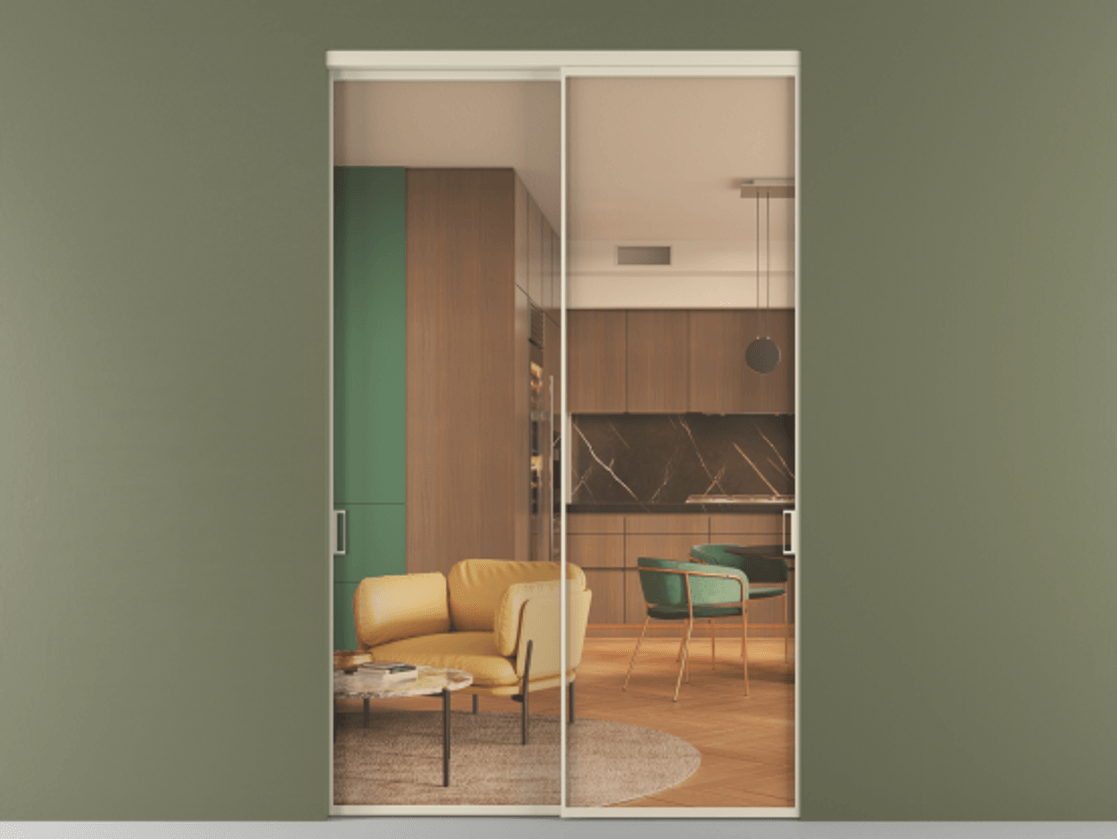 Перегородка Формато внутри проёма 2 створки АЛПР 040.01 Алюминий бежево-серый Прозрачное оранжевое стекло, триплекс Цена 22300 Br  | Volhovec