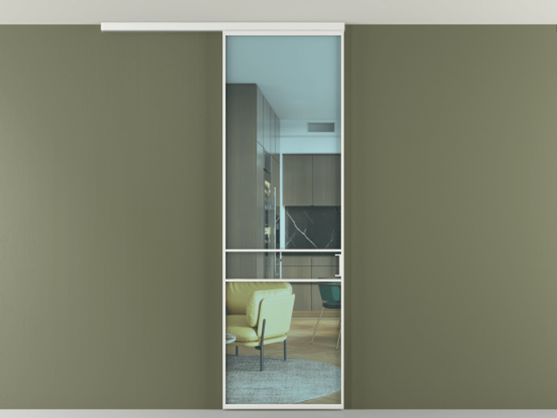 Перегородка Формато вдоль стены на потолок 1 створка АЛПР 040.02 Алюминий белоснежный Прозрачное голубое стекло, триплекс Цена 5200 Br | Volhovec