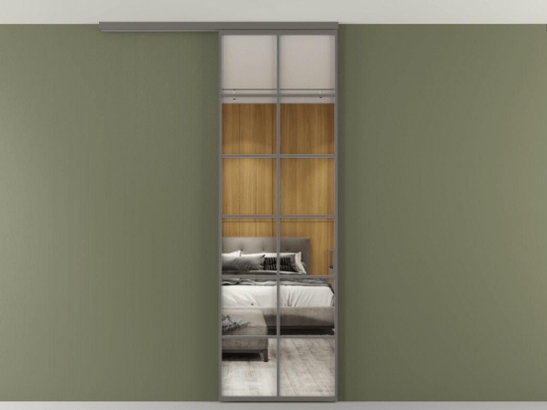 Перегородка Formato вдоль стены на потолок 1 створка АЛПР 040.05 Алюминий классический серый Двустороннее зеркало, триплекс , триплекс 6 мм Цена 5520 Br | Volhovec