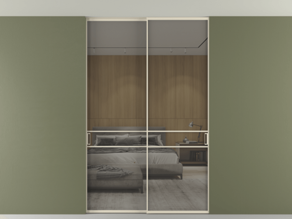 Перегородка Formato внутри проёма скрытое крепление в потолок 2 створки АЛПР 040.02 Алюминий бежево-серый Рефлективное серое стекло "Stopsol", калёное Цена 16340 Br | Volhovec