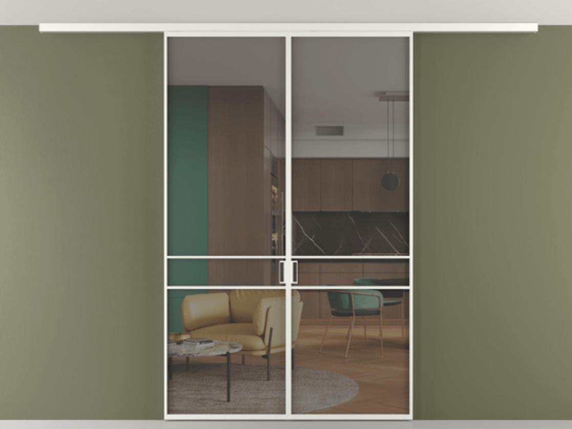 Перегородка Формато вдоль стены на потолок 2 створки АЛПР 040.02 Алюминий светло-серый Прозрачное серое стекло, триплекс Цена 9980 Br | Volhovec