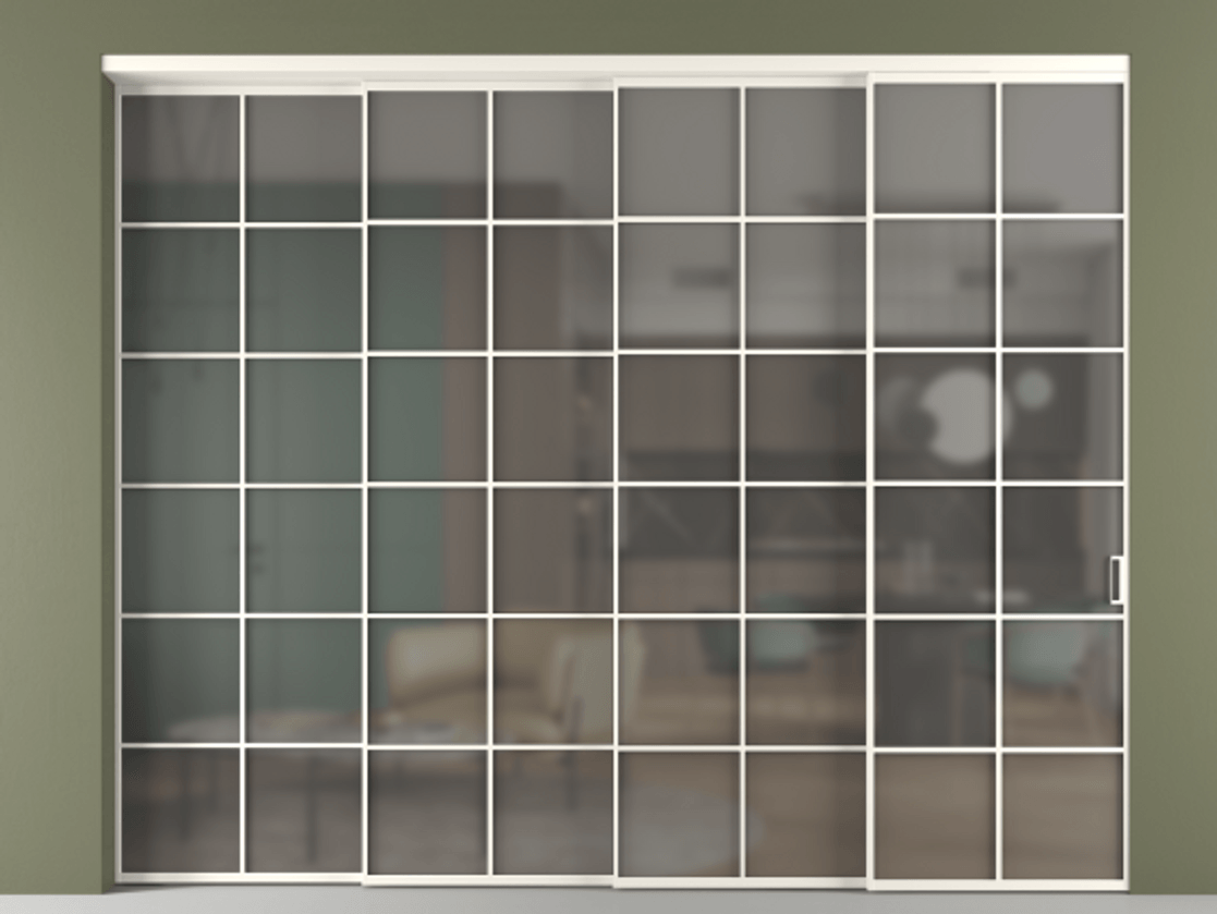 Перегородка Формато внутри проёма 4 створки с синхронным механизмом АЛПР 040.05 Алюминий пудровый белый Сатинированное серое стекло, триплекс Цена 29670 Br | Volhovec