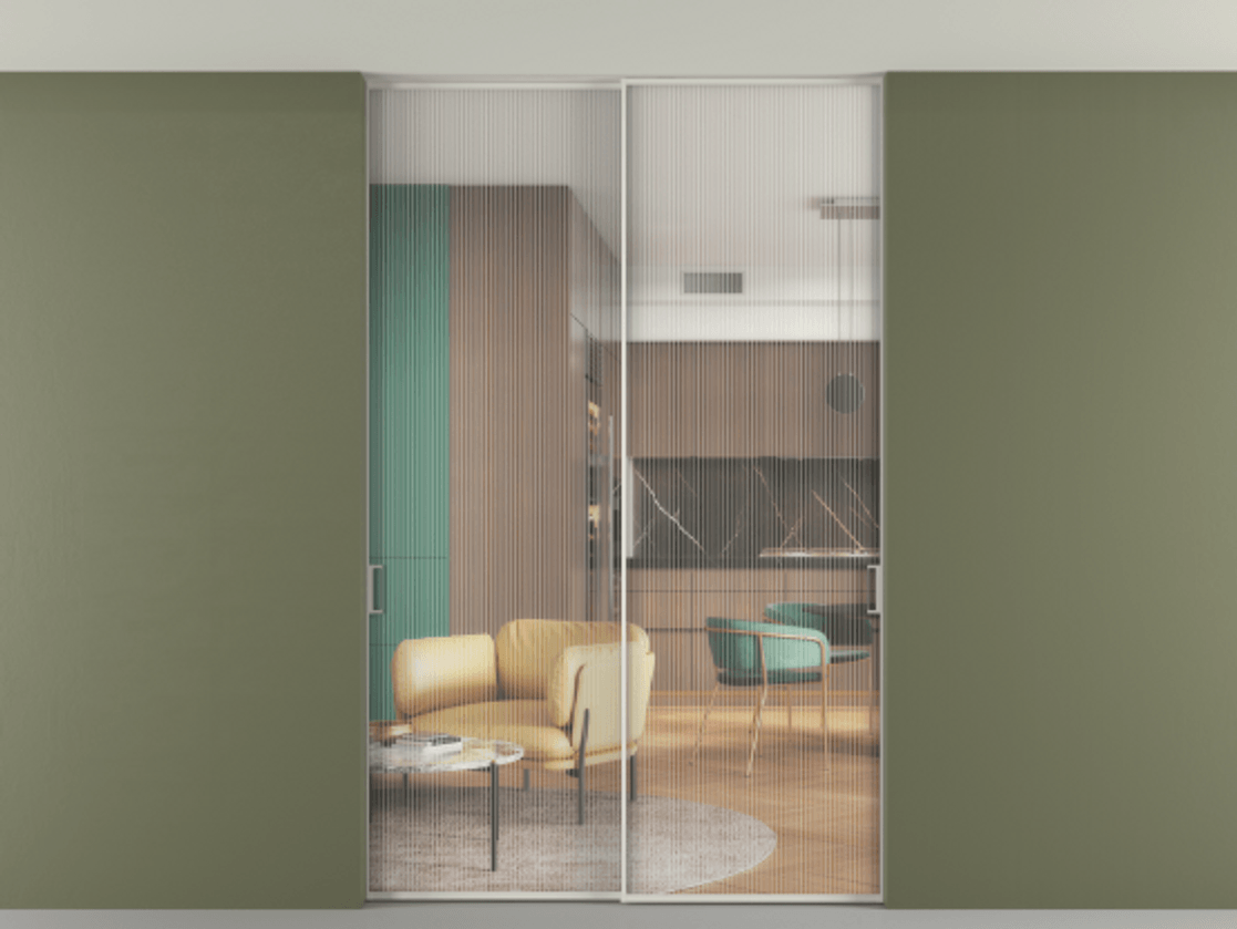 Перегородка Формато внутри проёма скрытое крепление в потолок 2 створки АЛПР 040.01 Алюминий Белый Рифлёное стекло "Мору", триплекс Цена 13140 Br | Volhovec