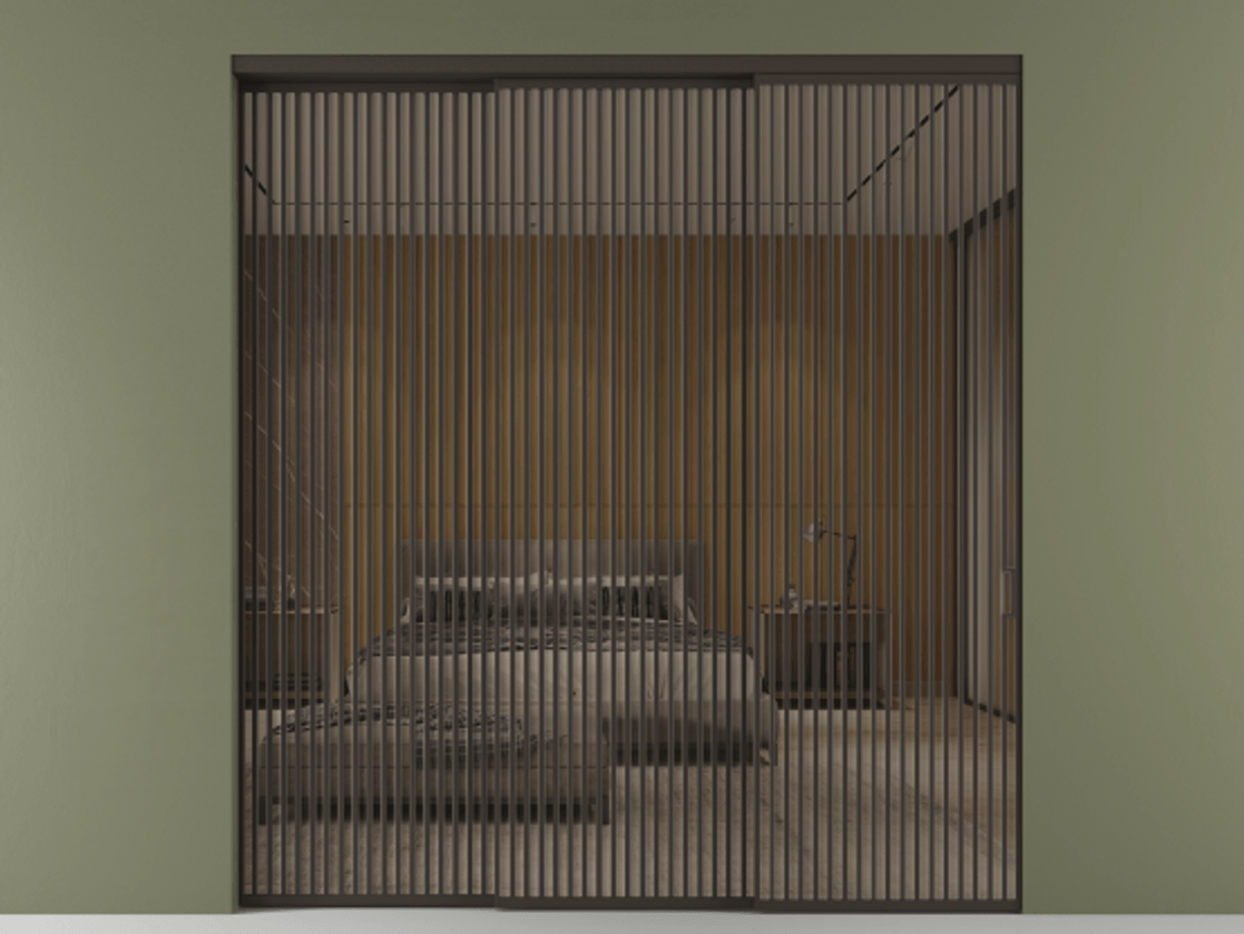 Перегородка Формато внутри проёма 3 створки с синхронным механизмом АЛПР 040.06 Алюминий антрацит Рефлективное бронзовое стекло "Стопсол", калёное Цена 26960 Br  | Volhovec