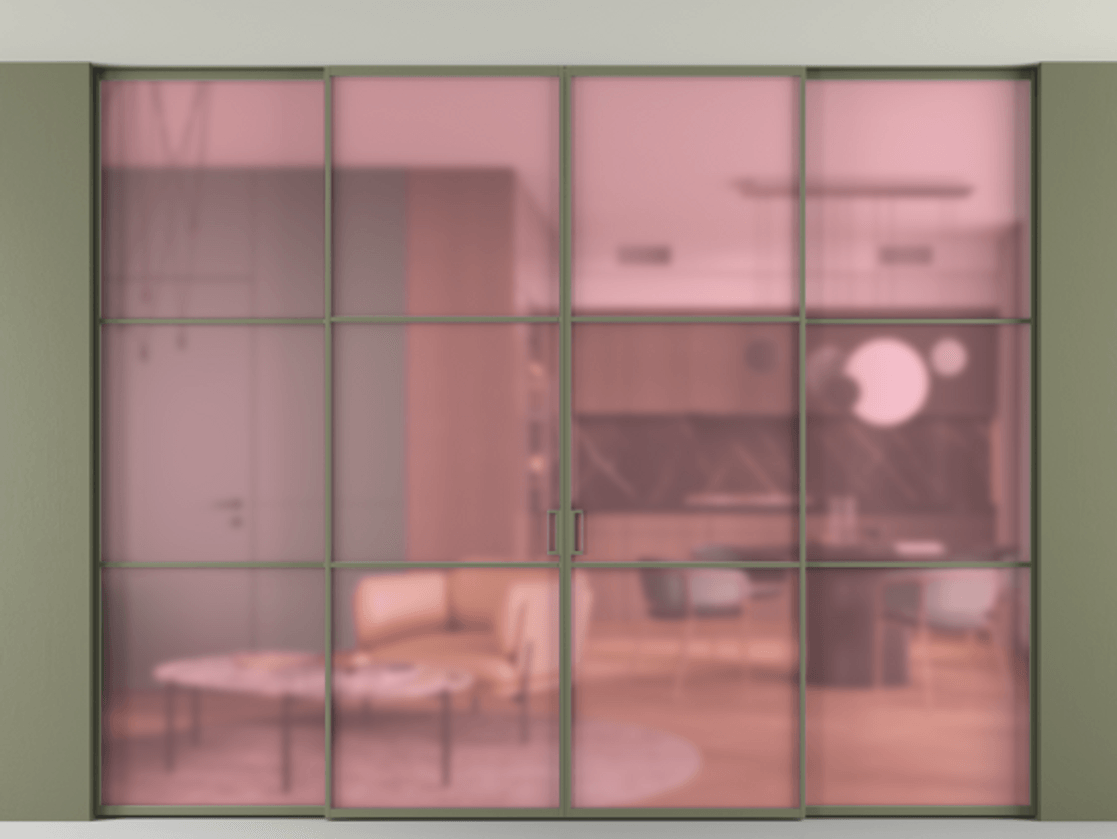 Перегородка Formato внутри проёма четырёхстворчатая со скрытым креплением в потолок АЛПР 040.03 Алюминий оливковый тёмный Сатинированное розовое стекло, триплекс. Цена 24400 Br 1. Полотно 4 шт. (800/2100 мм)
2. Комплект установки раздвижной системы
3. Базовый комплект фурнитуры
4.Ручка RONDO. Фабрика дверей Волховец 8 (800) 551 43 19 Перегородка Formato внутри проёма четырёхстворчатая со скрытым креплением в потолок АЛПР 040.03 Алюминий оливковый тёмный Сатинированное розовое стекло, триплекс Цена 24400 Br | Volhovec