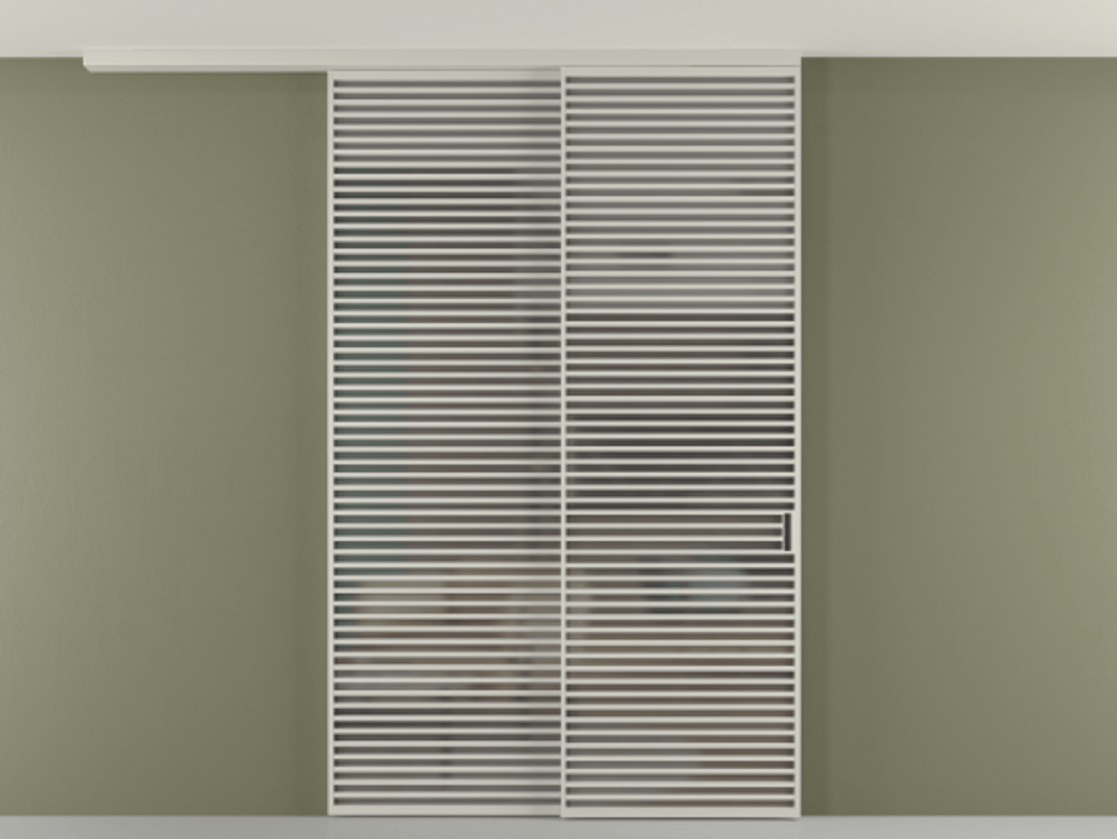 Перегородка Формато вдоль стены на потолок 2 створки с синхронным механизмом АЛПР 040.07 Алюминий тёплый серый Сатинированное серое стекло, триплекс Цена 28160 Br | Volhovec