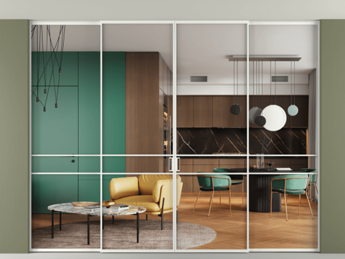 Перегородка Formato внутри проёма скрытое крепление в потолок 4 створки АЛПР 040.02 Алюминий светло-серый Прозрачное стекло "Crystal Vision", калёное Цена 29680 Br | Volhovec