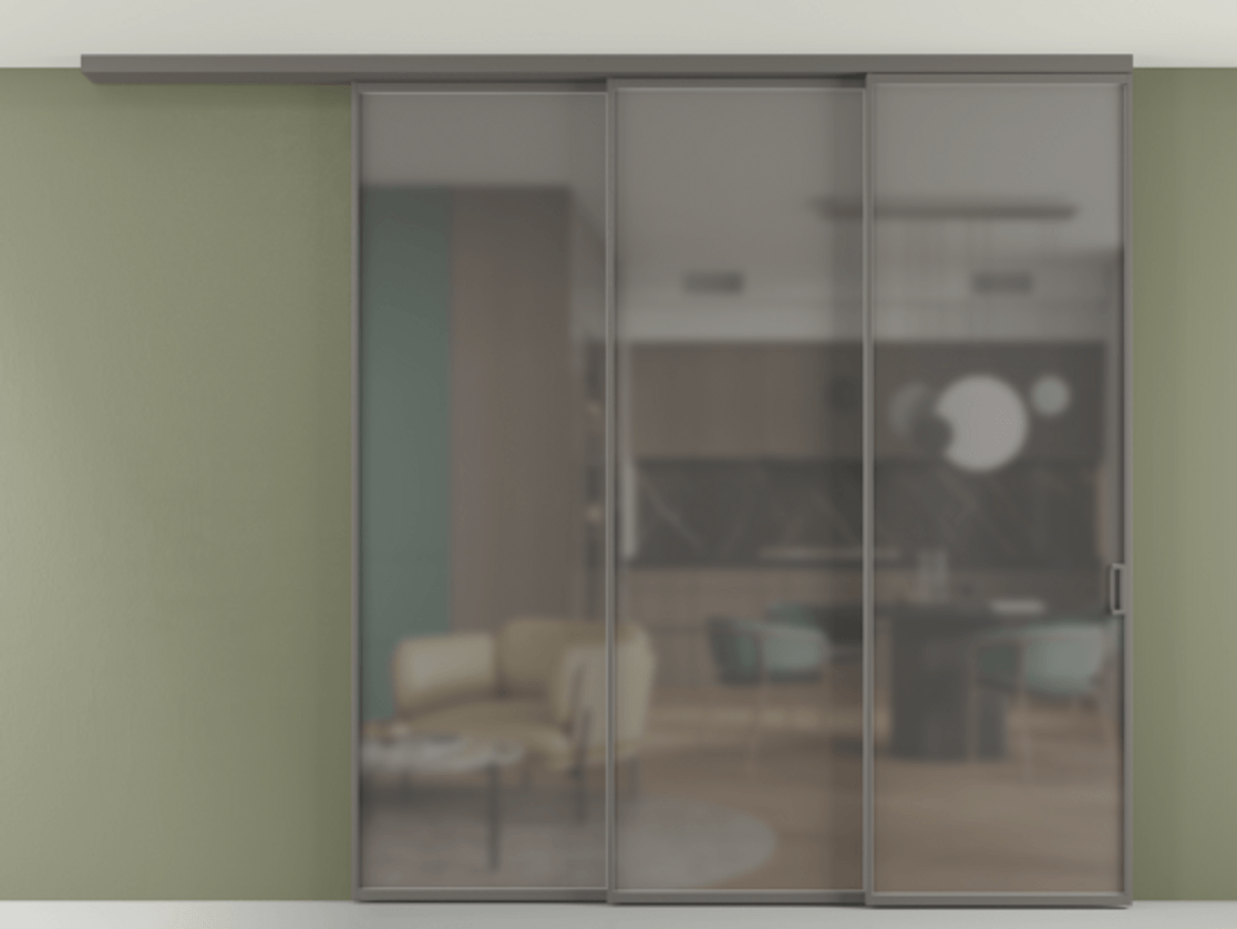 Перегородка Formato вдоль стены на потолок 3 створки с синхронным механизмом АЛПР 040.01 Алюминий классический серый Сатинированное серое стекло, триплекс Цена 19820 Br | Volhovec