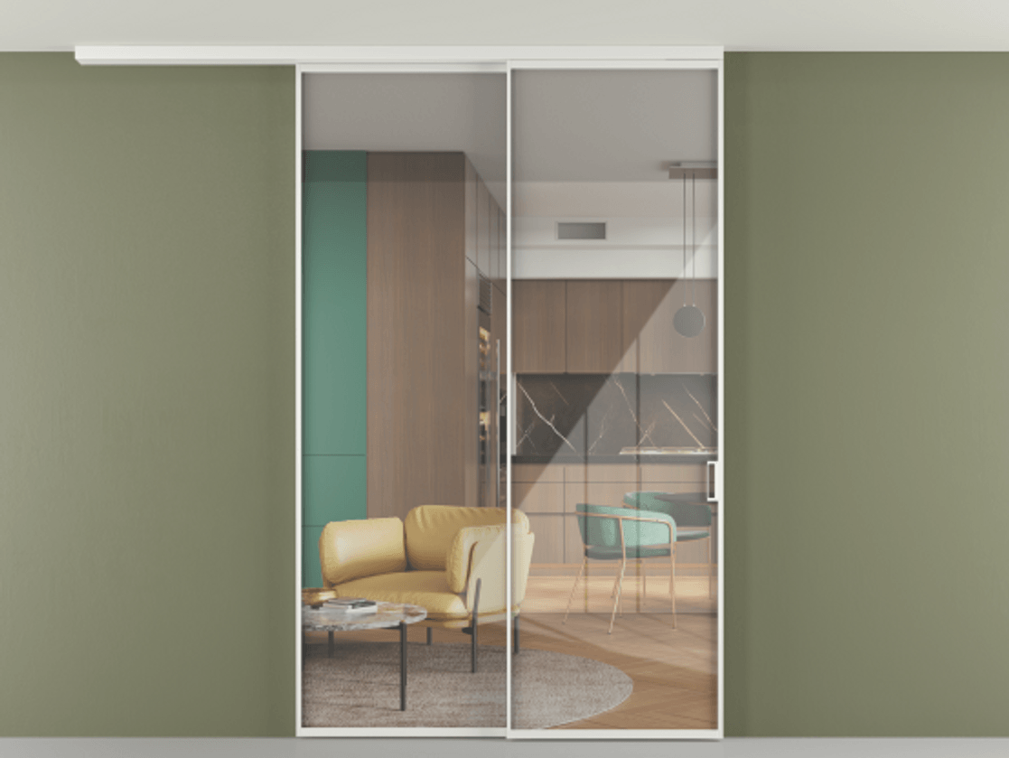 Перегородка Formato вдоль стены на потолок 2 створки с синхронным механизмом АЛПР 040.01 Алюминий белоснежный Рефлективное прозрачное стекло "Stopsol", калёное Цена 16850 Br | Volhovec