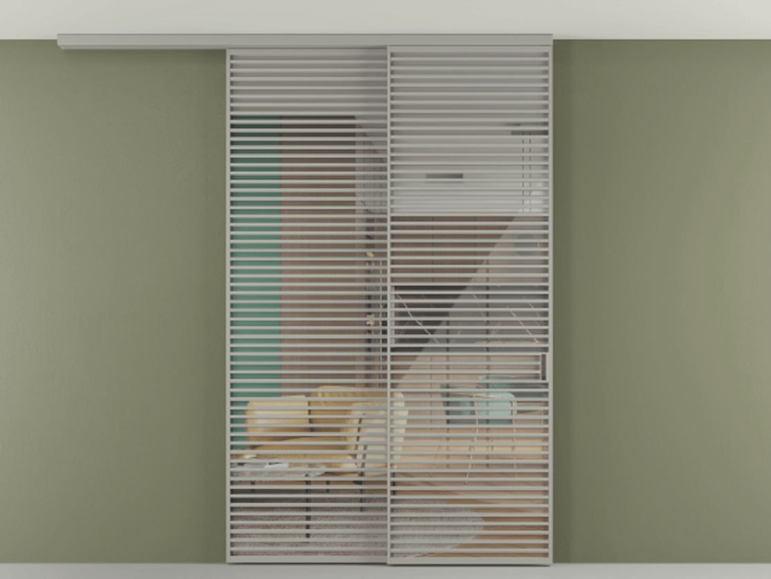 Перегородка Formato вдоль стены на потолок 2 створки с синхронным механизмом АЛПР 040.07 Алюминий нейтральный серый Рефлективное прозрачное стекло "Стопсол", калёное Цена 29010 Br | Volhovec