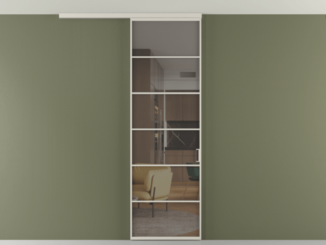 Перегородка Формато вдоль стены на потолок 1 створка АЛПР 040.04 Алюминий облачно-серый Прозрачное серое стекло, триплекс Цена 5520 Br | Volhovec