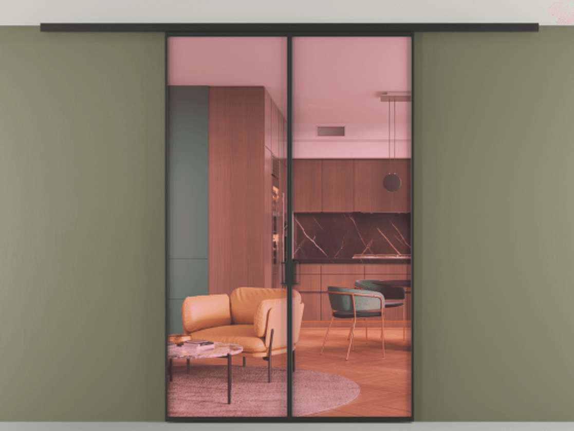 Перегородка Формато вдоль стены на потолок 2 створки АЛПР 040.01 Алюминий Черный Прозрачное розовое стекло, триплекс Цена 9100 Br | Volhovec