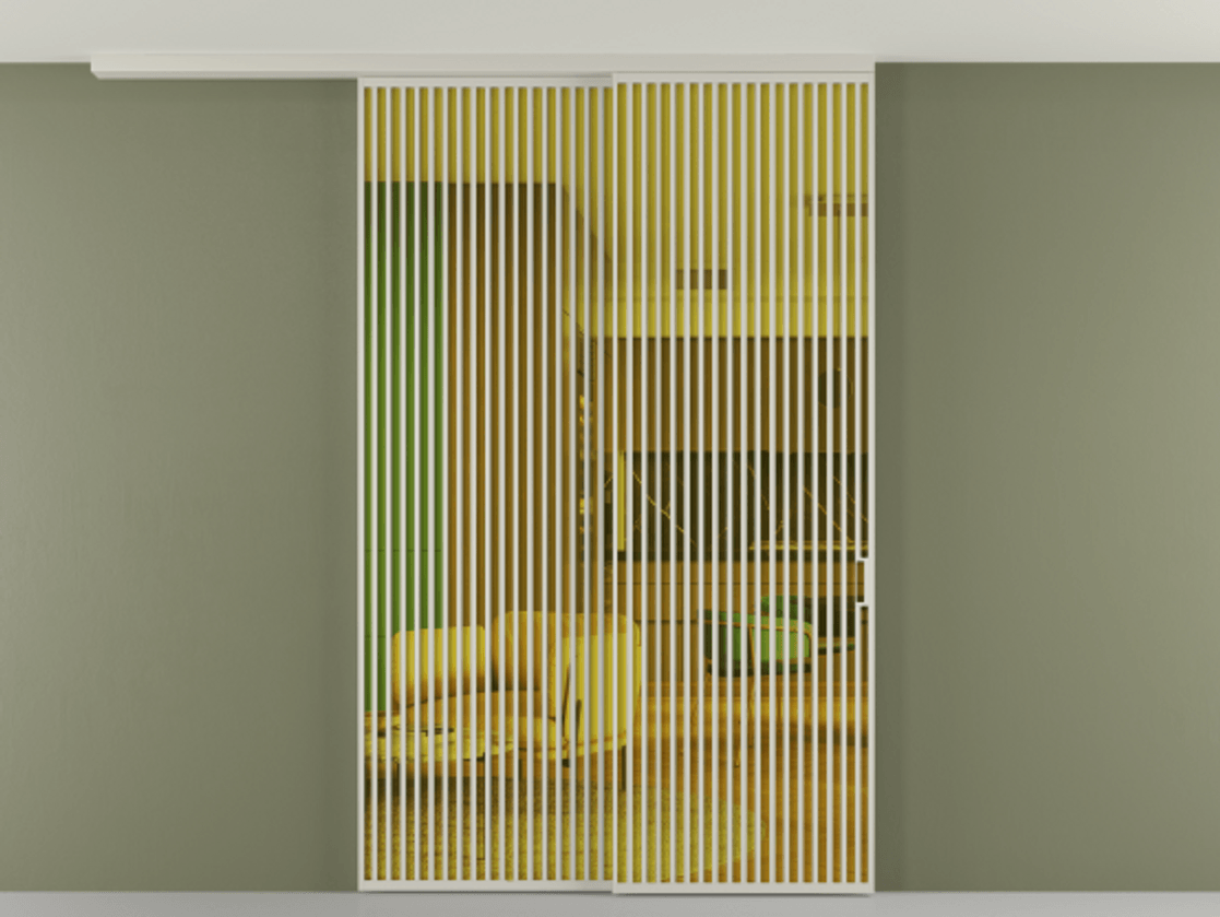 Перегородка Formato вдоль стены на потолок 2 створки с синхронным механизмом АЛПР 040.06 Алюминий тёплый серый Прозрачное жёлтое стекло, триплекс Цена 24100 Br | Volhovec