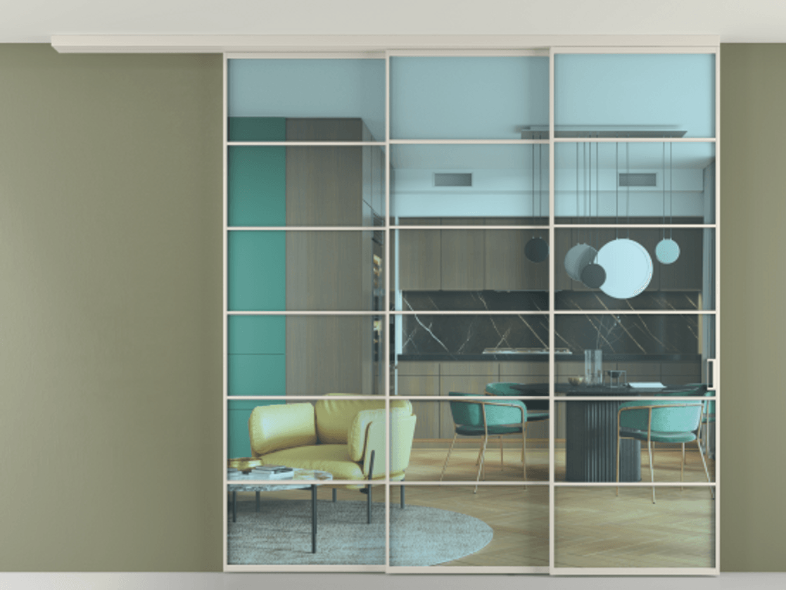 Перегородка Formato вдоль стены на потолок 3 створки с синхронным механизмом АЛПР 040.04 Алюминий облачно-серый Прозрачное голубое стекло, триплекс Цена 22300 Br | Volhovec