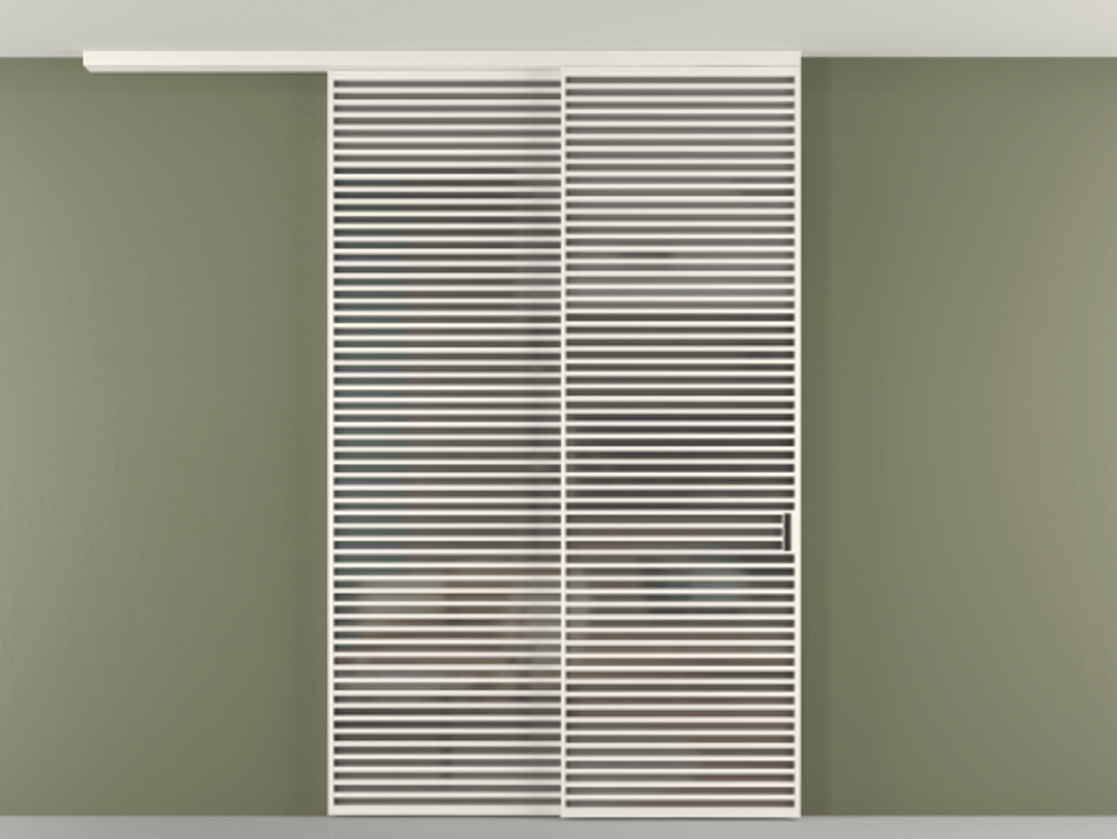 Перегородка Формато вдоль стены на потолок 2 створки с синхронным механизмом АЛПР 040.07 Алюминий пудровый белый Сатинированное серое стекло, триплекс Цена 28160 Br | Volhovec