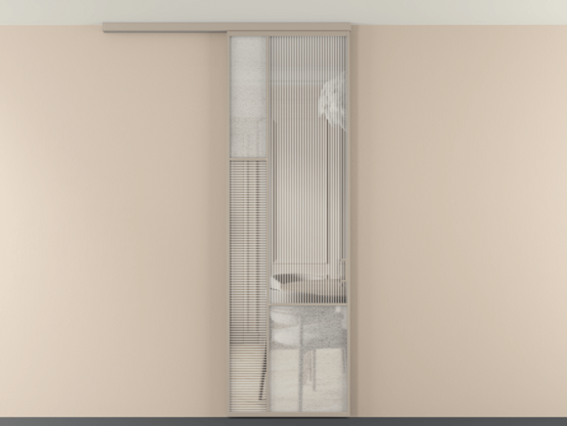 Перегородка Мозаик вдоль стены на потолок 1 створка АЛПР 041.13 Алюминий бисквитный Рифлёное стекло "Дюна", триплекс, 6 мм + Фактурное стекло "Лёд", триплекс Цена 7650 Br | Volhovec